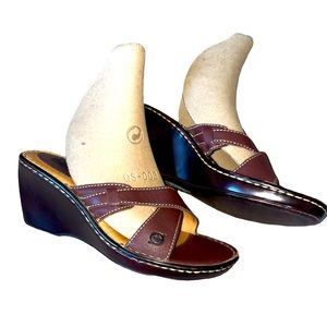 Born Brown Leather Criss Cross Strap Slip on Wedge Sandals Size:8M